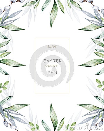 Happy Easter cards with herbal twigs and branches wreath and corners border. Rustic vintage bouquets with fern frons, mistletoe Stock Photo