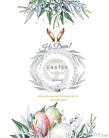 Happy Easter cards with herbal twigs and branches wreath and corners border. Rustic vintage bouquets with fern frons Stock Photo