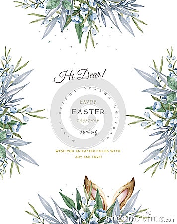 Happy Easter cards with herbal twigs and branches wreath and corners border. Rustic vintage bouquets with fern frons Stock Photo