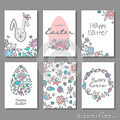 Happy Easter cards set with colorful floral doodle background and decorative eggs. Vector Illustration
