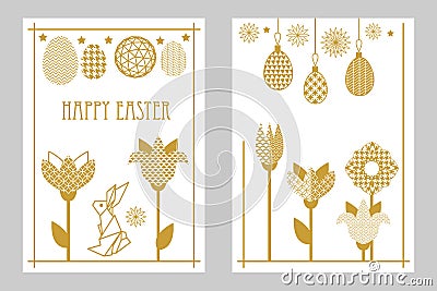 Happy Easter cards set with rabbit, blooming tulips, wildflowers and ornate eggs. Vector Illustration