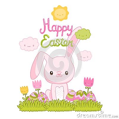 Happy Easter cartoon cute bunny and eggs Vector Illustration