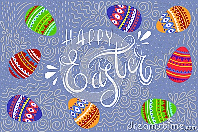 Happy Easter. Cartoon cute eggs and hand drawing doodle with text. Horizontal Vector Vector Illustration