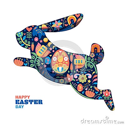 Happy Easter. Cartoon cute folk rabbit with bouquet of flowers pattern vector illustration Vector Illustration