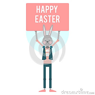 Happy Easter. Cartoon rabbit with pink label. Template Vector Illustration