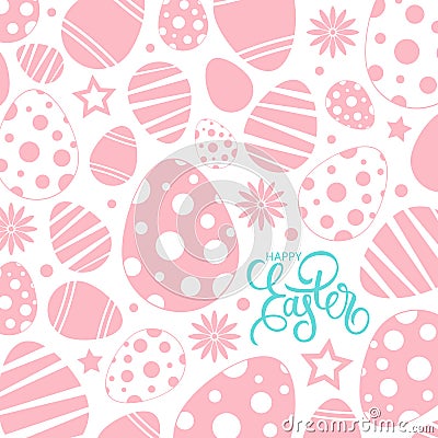 Happy Easter celebrate card with handwritten easter holiday greetings and pink easter eggs. Vector Illustration