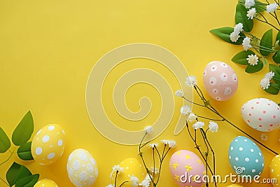 Happy easter charity events Eggs Jellybeans Basket. White Orangeade Bunny children. Easter wreath background wallpaper Cartoon Illustration