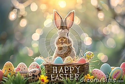 Happy easter Chartreuse Green Eggs Unobtrusive Easter Delights Basket. White turquoise shore Bunny arrangement color explosion Cartoon Illustration