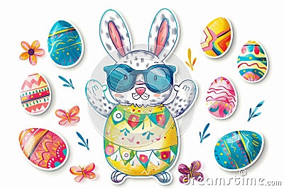 Happy easter cheerful Eggs Pastel soft blue Basket. White Turquoise Bunny digital card. simile background wallpaper Cartoon Illustration