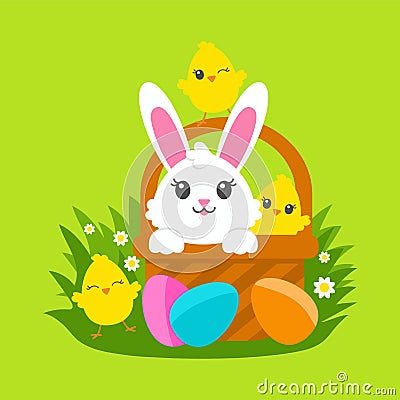 Happy Easter. Cheerful rabbit in a basket with painted eggs on the green grass. Cute chickens. Colored flat vector illustration Vector Illustration