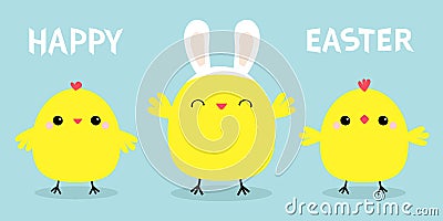 Happy Easter. Chicken bird set line. Face head wearing rabbit bunny ears band. Cute cartoon funny kawaii baby character. Friends Vector Illustration