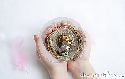 Happy Easter: a child holds a nest with eggs in his hands Stock Photo