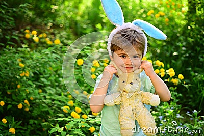 Happy easter. Childhood. Egg hunt on spring holiday. love easter. Family holiday. Little boy child in green forest Stock Photo