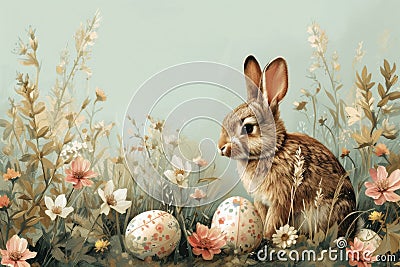 Happy easter chocolate bunny Eggs Hide Basket. White glee Bunny jesus christ. Flowering background wallpaper Cartoon Illustration