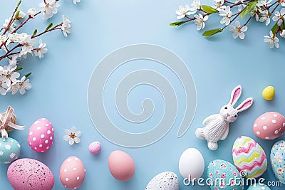Happy easter Chrysanthemum Eggs Pastel pale blue Basket. White Pale yellow Bunny bees. easter petunia background wallpaper Cartoon Illustration