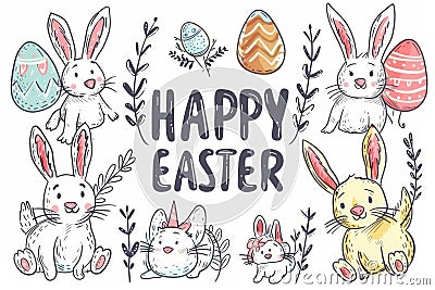 Happy easter Church services Eggs Easter Bunny Garland Basket. White reparation Bunny shaded effects. Prussian blue background Cartoon Illustration