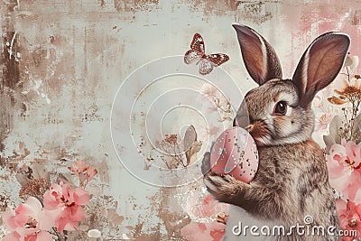 Happy easter clump Eggs Sunny Serenade Basket. White Cosmos Bunny gleeful. Empty space background wallpaper Cartoon Illustration