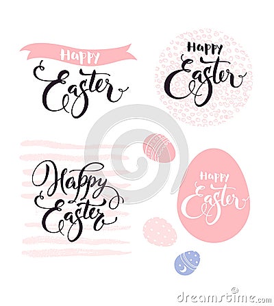 Happy Easter. Collection of gorgeous hand lettering, calligraphic and hand drawn decorative elements in pink color Vector Illustration