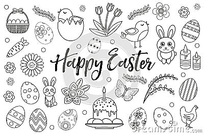 Happy Easter collection object, design element. Hand drawing, outline style. Easter coloring page set. Vector Vector Illustration