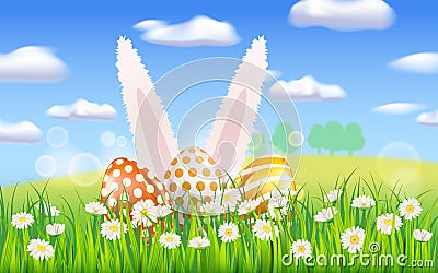 Happy Easter Colored Eggs banner template. Realistic shine decorated, painted eggs, rabbit ears, colorful spring flowers Vector Illustration