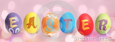 Happy Easter. Colorful dyed eggs on pink background Editorial Stock Photo