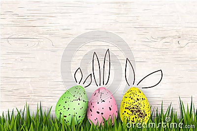 Happy Easter. Colorful, funny rabbit eggs, grass on bright wooden background. Design template for Banner, flyer Vector Illustration