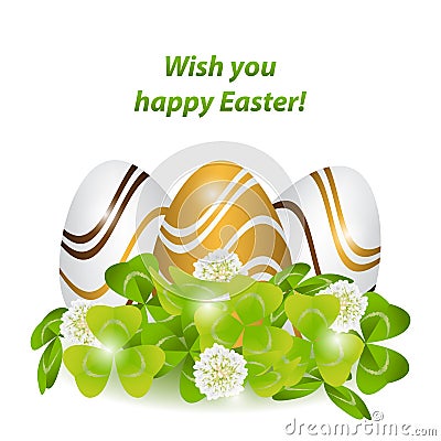 Happy Easter.Colorful, strips patterned eggs in the green grass, Vector Illustration