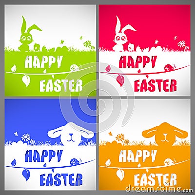 Happy easter colorful vector illustration cards Set with the big-eared rabbits and chicken silhouettes on the meadow Vector Illustration