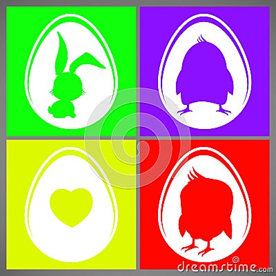 Happy easter colorful vector illustration cards Set with rabbit, chicken and heart silhouettes in egg Vector Illustration