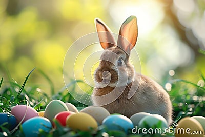 Happy easter columbines Eggs Happy Basket. White Egg painting Bunny Lighting. picnic background wallpaper Cartoon Illustration