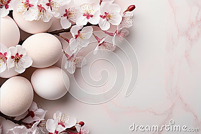 Happy Easter. Composition with beautiful Easter eggs. Stylish, delicate Easter template. Easter holiday concept. Stock Photo