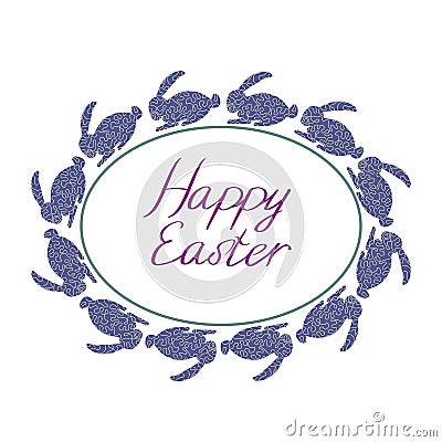 Happy Easter composition with blue rabbits, oval frame and text with white background Stock Photo