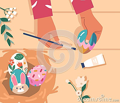 Happy Easter Concept With Person Hands Decorate Eggs And Put Into Chicken Nest On Wooden Table Top View Vector Illustration