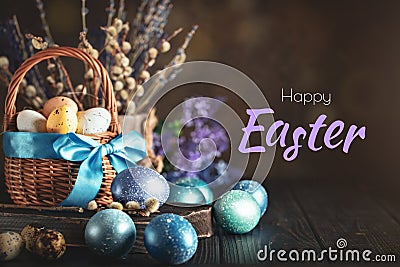 Happy Easter. Congratulatory easter background. Easter eggs and flowers. Selective focus. Stock Photo