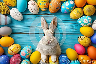 Happy easter Crucifixion Eggs Easter Bunny Sculptures Basket. White plush hat Bunny learning. natural background wallpaper Cartoon Illustration