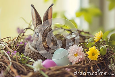 Happy easter cuddly Eggs Easter Bunny Centerpiece Basket. White Joy Bunny grass. burrow background wallpaper Cartoon Illustration