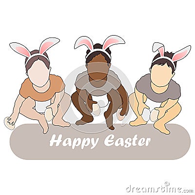 Happy easter. Cute Babies with Bunny Ears and Eggs. Premium Vector. Different Skin Tone children. Vector Illustration