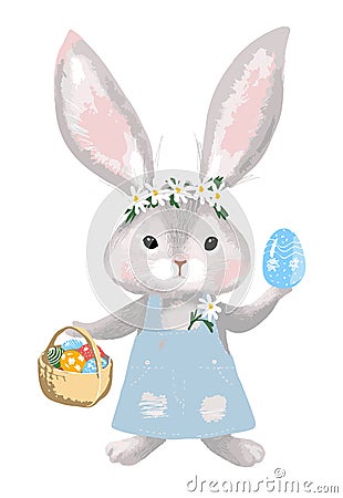 Happy easter. Cute bunny girl with a basket of decorated eggs. Rabbit in a denim dress. Cartoon vector illustration Vector Illustration