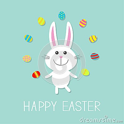 Happy Easter. Cute bunny rabbit juggles egg. Flat design. Vector Illustration