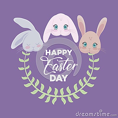 Happy easter day card with heads rabbits Vector Illustration