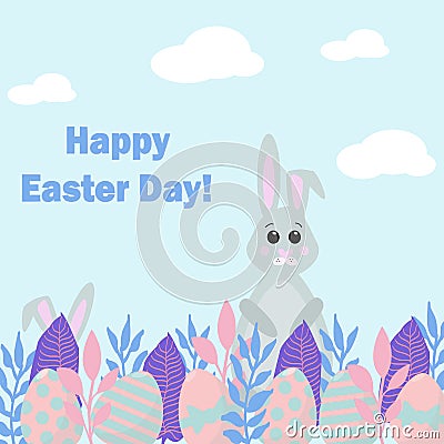 Happy easter day card. Nice vector illustration with bunnies hunting for eggs Vector Illustration