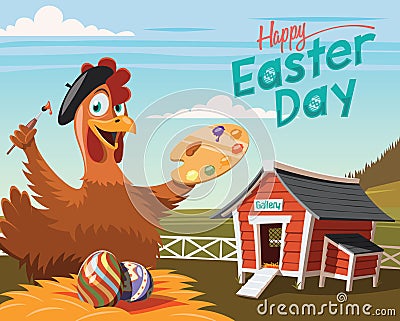 Happy Easter Day, chicken artist with decorated eggs Cartoon Illustration