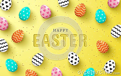 Happy easter day greeting card background. combined 3d eegs and paper cut text. Colorful greeting card. Vector Illustration