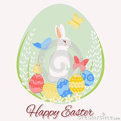 Happy Easter day greeting card. Easter bunny, chicken, duckling, eggs, willow, flowers, tulips, daffodils. Cartoon greeting card. Vector Illustration