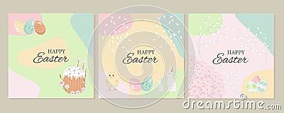 Happy Easter day greeting card. Easter bunny, chicken, duckling, eggs, willow, flowers, tulips, daffodils. Cartoon greeting card. Vector Illustration