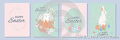 Happy Easter day greeting card. Easter bunny, chicken, duckling, eggs, willow, flowers, tulips, daffodils. Cartoon greeting card. Vector Illustration