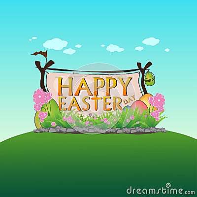 Happy easter day landscape nature colorful background design vector Vector Illustration