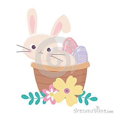 Happy easter day, rabbit in basket painted egg flowers decoration Vector Illustration