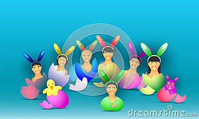 Happy easter day. rabbit little chicken human new born from eggs on earth. vector illustration eps10 Vector Illustration