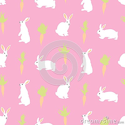 Happy Easter day seamless background. Vector cute white bunny rabbits and carrots on pink background. Decorative hand drawn Vector Illustration